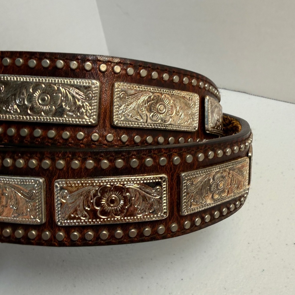 Nocona Belt Co Silver Overlay Conches Floral Embossed Metal Rawhide Belt 42 - Picture 9 of 16